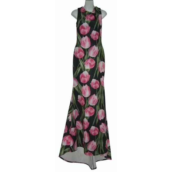 Va Va Voom Dress Long Tulip Flower Floral Cottagecore Long Black Pink Romantic M - Picture 2 of 16